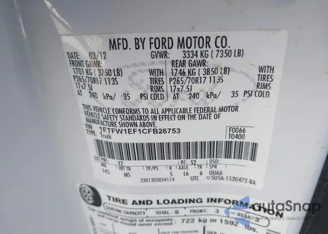 2012 Ford F-150 Xlt из США, поврежденный, VIN 1FTFW1EF1CFB26753